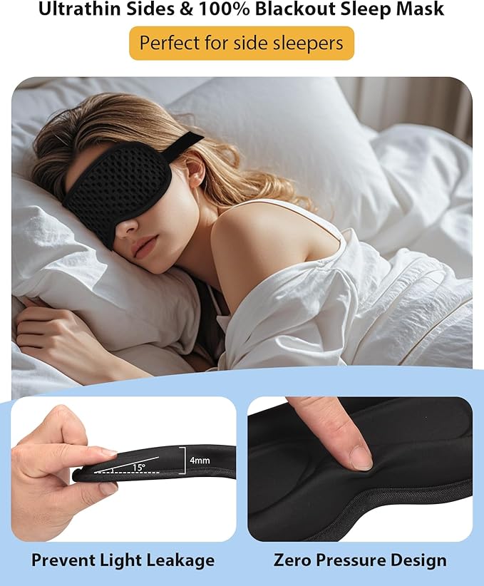Sleep Mask with 3D Contoured Cup for Men Women, Eye Mask for Sleeping, Soft Breathable Sleeping Mask with Adjustable Elastic Strap for Travel Flight Nap (Black)