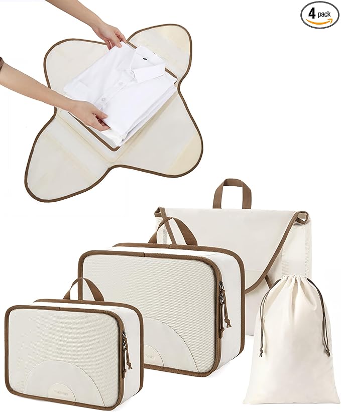 BAGSMART Garment Folder Packing Cubes for Travel, 4 Set Lightweight Travel Cubes for Wrinkle Free, Durable Suitcase Organizers Bag Set for Travel Essentials White Opal