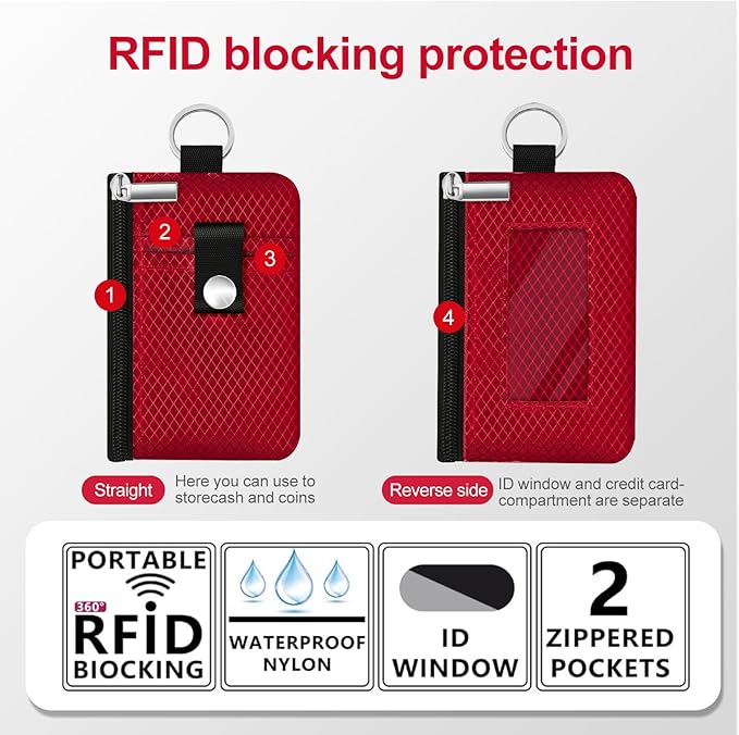 Minimalist RFID Blocking Small Wallet with ID Window,WaterResistant Zip Id Case Wallet with Lanyard Keychain for Cards,Cash,Travel,Women,Men (Red)