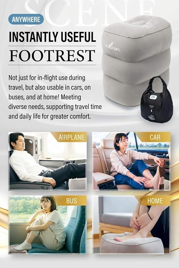 Inflatable Foot Rest for Airplane Travel - Adjustable Height Leg Pillow for Long Flights - Portable Travel Footstool with Pump-Free Inflation Bag - Car & Office Leg Rest Essentials