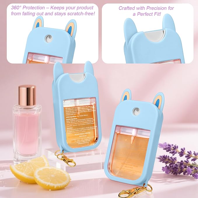 AIERSA Hand Sanitizer Spray Case Compatible with Touchland,Rabbit Ears Design Silicone Hand Sanitizer Case Holder with Keychain for Touch Land Mist Case 1FL. OZ (Blue)