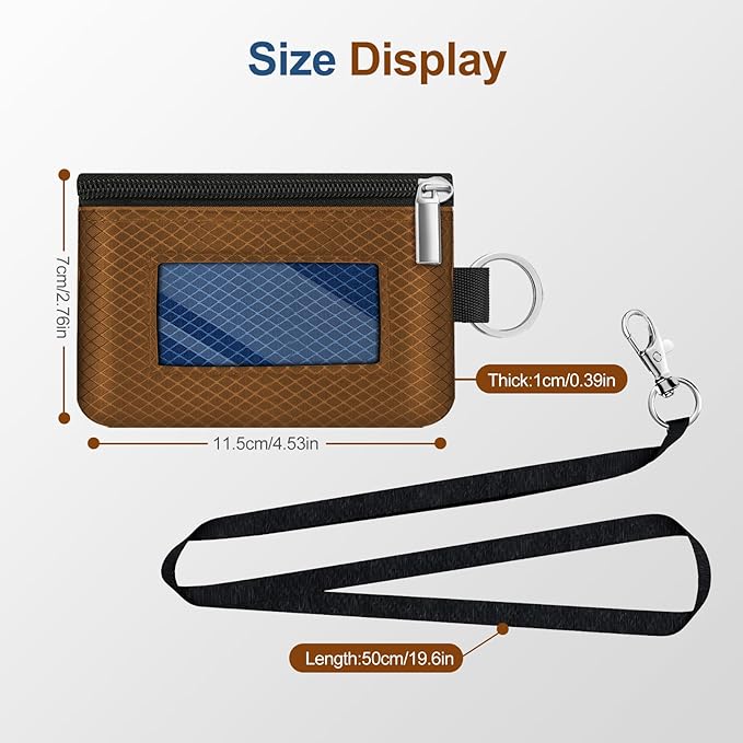 Minimalist RFID Blocking Small Wallet with ID Window,WaterResistant Zip Id Case Wallet with Lanyard Keychain for Cards,Cash,Travel,Women,Men (Brown/Electric Blue)