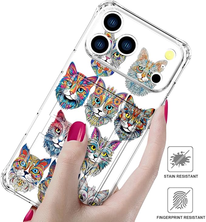 Compatible with iPhone 17 Pro Max Case Card Holder for Women Cute Design,Wallet Phone Cases Transparent Cool Kawaii Protective (Clear Tattoo Cats Animal)