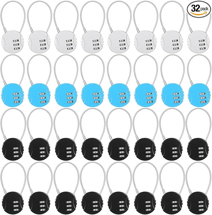 Moxweyeni 32 Pack Combination Wire Lock 3 Digit Small Combo Luggage Number Cable Padlock Outdoor Waterproof Resettable Lock for School Gym Locker Travel Backpack Suitcase Storage (Black,Silver,Blue)