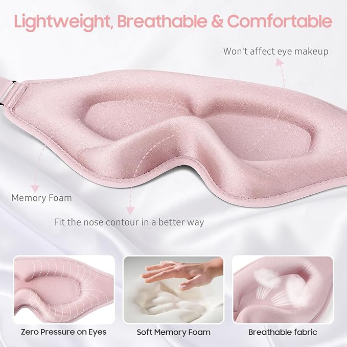BeHoomi Sleep Mask, 2 Packs Premium Eye Mask for Sleeping, Total Blackout, Superior Soft Comfort, Upgraded 3D Ergonomic Designed Sleeping Mask for Home, Office, Travel, Meditation, Yoga, Black & Pink