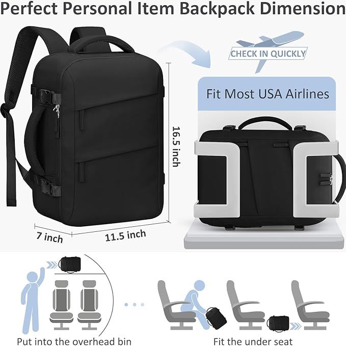 Tenot Travel Backpack for Women Men Carry on Flight Approved Lightweight 15.6 Inch Laptop Backpack Duffle College Business Work Weekender Hiking Travel Essentials Suitcase Backpack Black