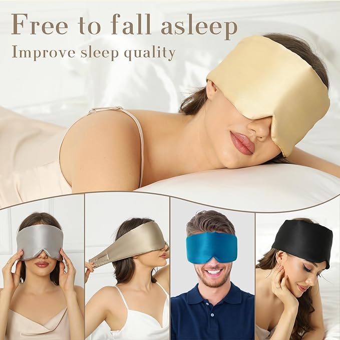 SECZIPE 100% Mulberry Silk Sleep Mask Eye Mask for Women Man with Adjustable Band, for Side Sleeper Blackout Sleep Mask for Travel Rest and Office (Gold)