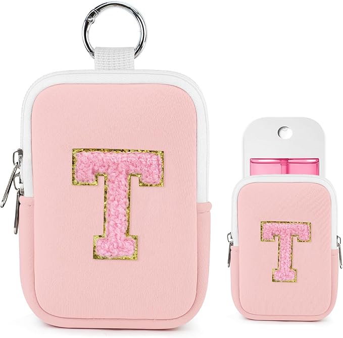 Shenier Alphabet Zippered Case with Keychain, Cute Design, Compatible with Touchland Power Mist Gentle/Glow Mist Hand Sanitizer Spray, Pink-T