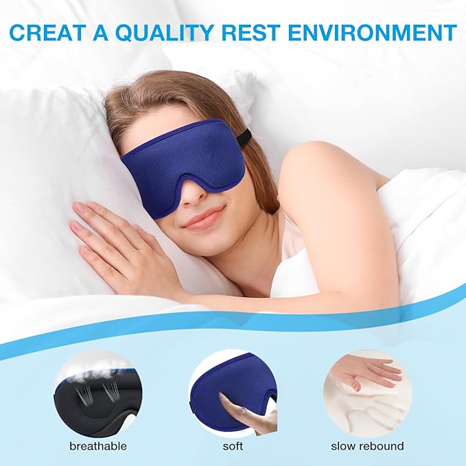 LYSIAN Cooling Sense 3D Sleep Eye Mask for Women Men, Eye Mask with Contoured Design with 5 Pair Ear Plugs, Block Light for Deep Sleep - Blue