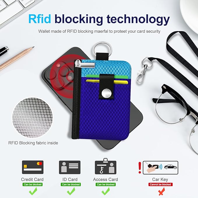 Minimalist RFID Blocking Small Wallet with ID Window,WaterResistant Zip Id Case Wallet with Lanyard Keychain for Cards,Cash,Travel,Women,Men (Sapphire Blue/Lake Blue)
