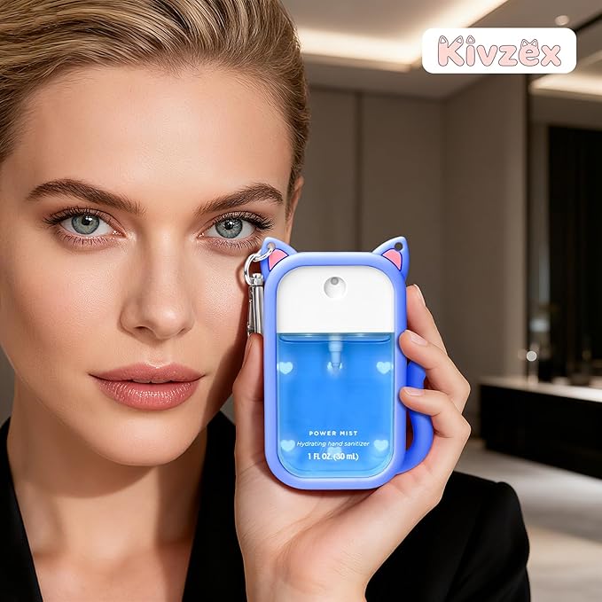 Cat Silicone Case for Touchland Hand Sanitizer Spray with Keychain, Compatible with Power Mist & Glow Mist 1 FL Oz/30ML for Touchland Case, with Charms Accessory Cute Travel Cover Sleeve Blue