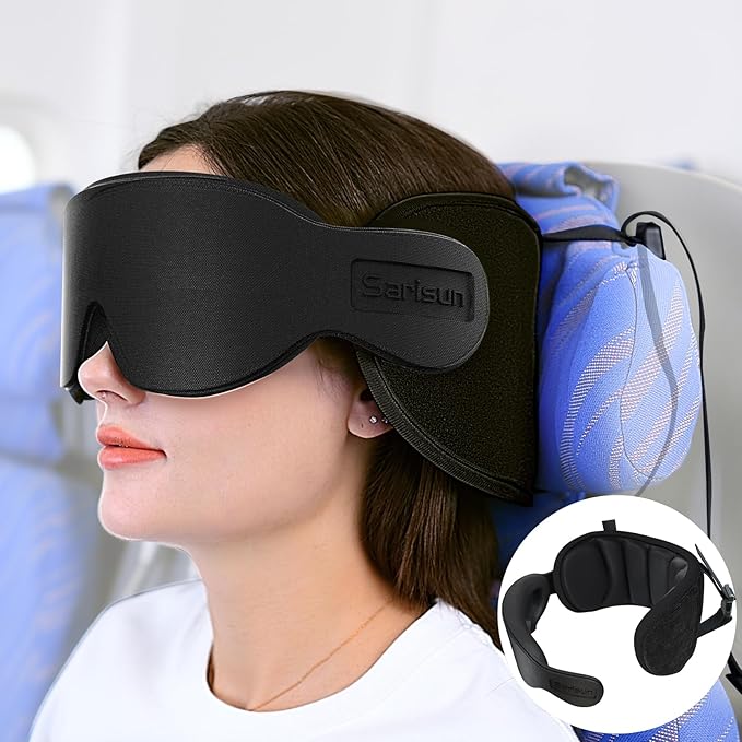 SARISUN Travel Pillows for Airplanes, 360° Support Headrest Pillow with Eye Mask for Sleeping, Travel Airplane Pillow for Long Flights Car Road Trip, Travel Accessories Stop Bobblehead, Black