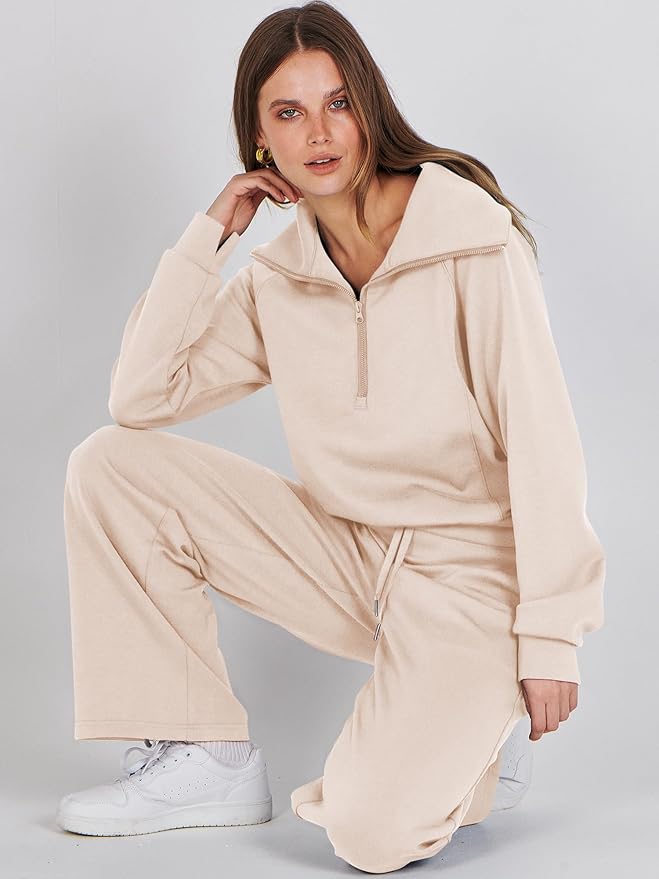 ANRABESS Women 2 Piece Outfits 2025 Fall Fashion Airport Wide Leg Pants Lounge Set Leisure Travel Vacation Clothes Sweatsuits