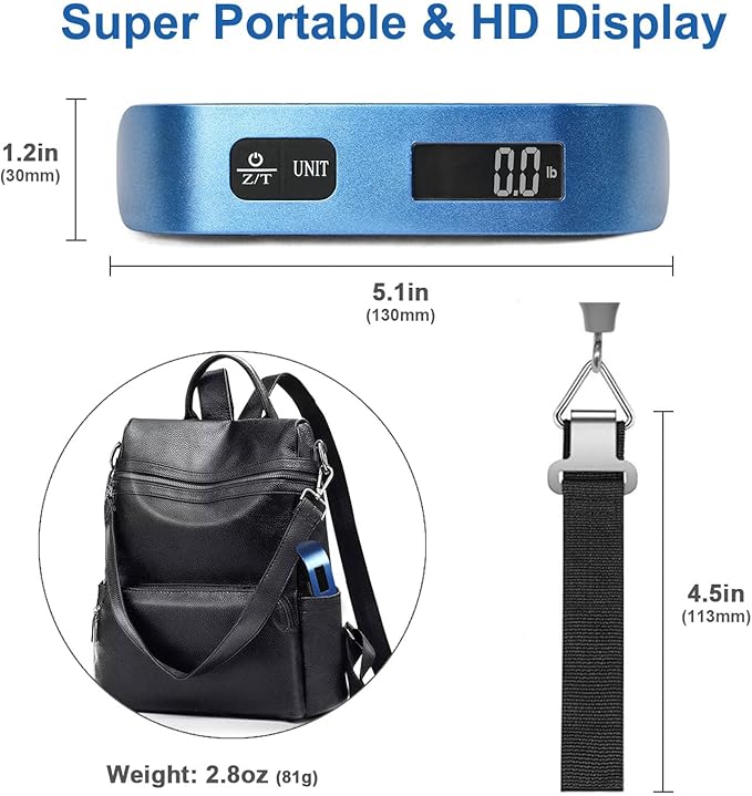 travel inspira Luggage Scale, Portable Digital Hanging Baggage Scale for Travel, Suitcase Weight Scale with Rubber Paint, 110 Pounds, Battery Included - Blue