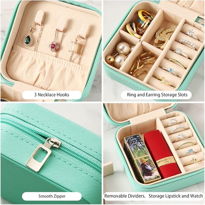 ZPROW Travel Jewelry Case, Mini Portable Jewelry Travel Boxes, Small Jewelry Organizer for Rings, Earrings, Pendants, Watches, Necklaces, Lipsticks Organizer Storage Holder Case (Cyan Blue)