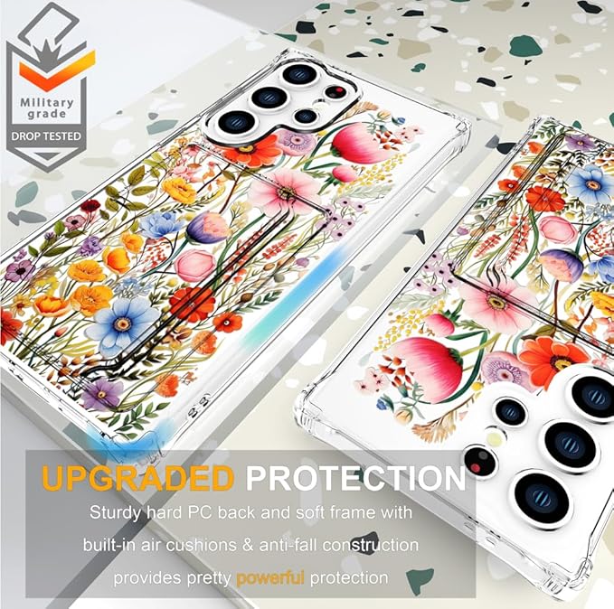 Compatible with Samsung Galaxy S24 Ultra Case Card Holder for Women Cute Design,Wallet Phone Cases Transparent Cool Kawaii Protective (Clear Flowers Lily Girly Florals)