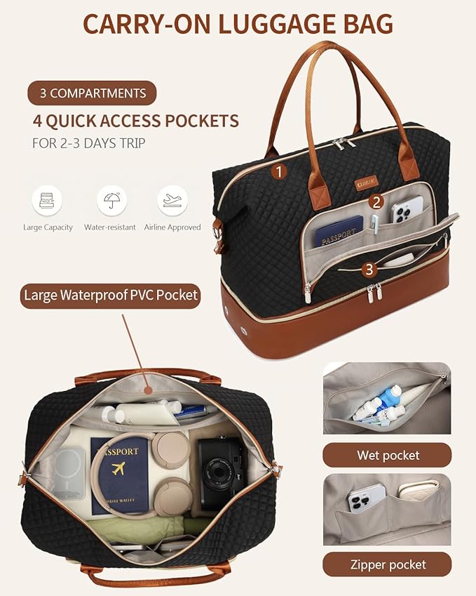 Large Women Travel Duffle Bag, Weekender Bag Overnight Bag with Shoe Compartment, Carry on Bag with Crossbody Purse for Over Night, Weekend, Yoga, Gym, Business Trips, Hospital, Black Brown