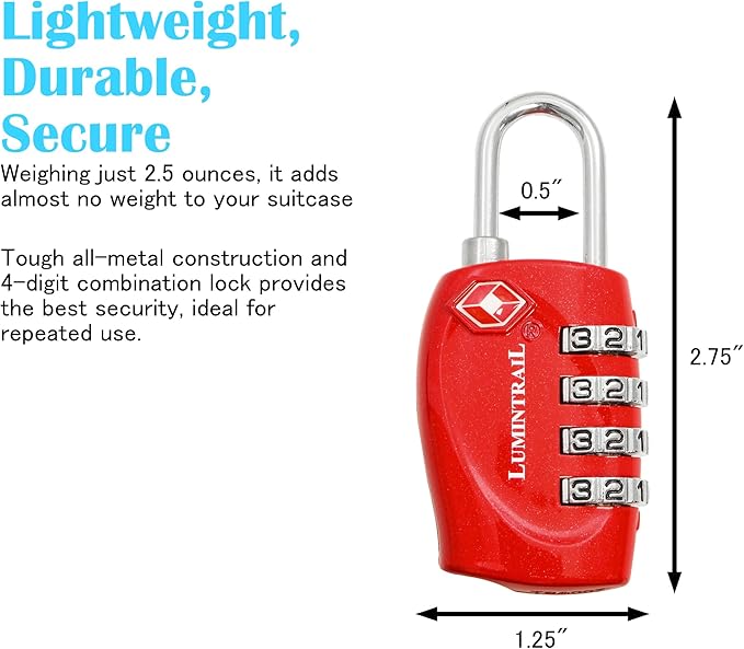 Lumintrail TSA Approved Locks, 4 Digit Combination Luggage Locks TSA Approved, Travel Locks for Luggage & Suitcase with 4-FT Steel Cable, Red, 4 Pack