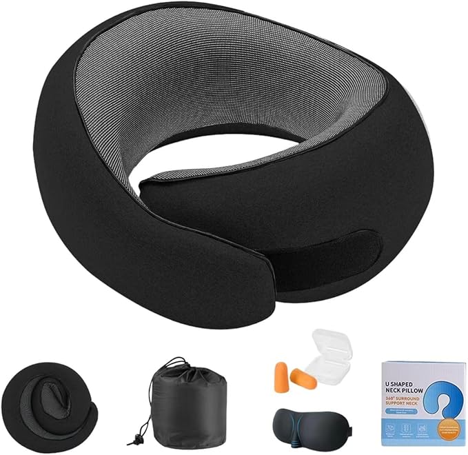 Travel Pillows for Airplanes,2025 New Neck Travel Pillow – Memory Foam Neck Pillow with 360° Support,Compact & Ergonomic for Airplane,Car,Office & Home,Stowable Travel Pillow for Adults (Black)