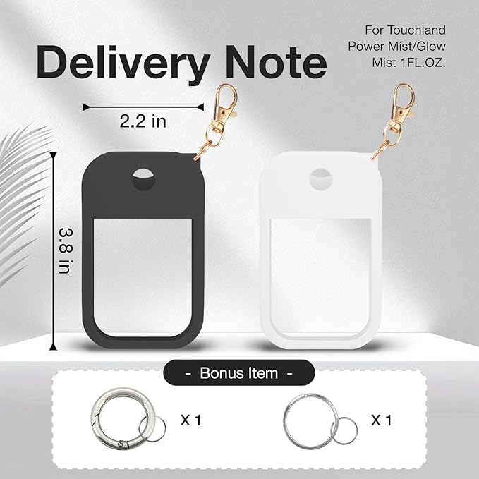 2 PCS Soft Silicone Case for Touchland Power Mist (1FL. OZ./30 mL), Protective and Stylish Case with Keychain Compatible with Touchland Hand Sanitizer Spray (White/Black)