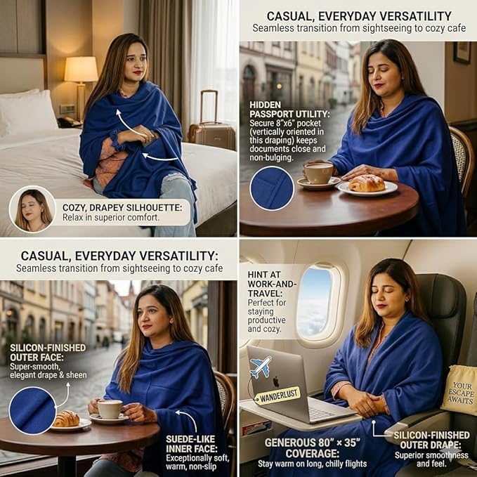 Wayfarer Shawl with Pouch | Voyagers Comfort Set with Luxury Travel Scarf, Eye Mask, Satin Scrunchies & Travel Pouch