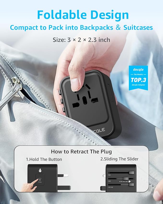 Universal Travel Adapter, International Travel Plug Adapter with 2 USB-C(GaN 65W) ＆ 1 USB-A Ports, All in One Portable Adaptor, for USA, UK, EU, AU ＆ 224+ Countries (Black) US