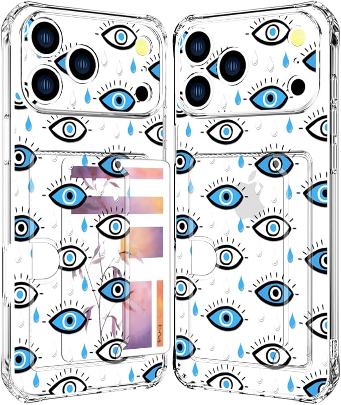 Compatible with iPhone 17 Pro Max Case Card Holder for Women Cute Design,Wallet Phone Cases Transparent Cool Kawaii Protective (Clear Blue Evil Eyes)