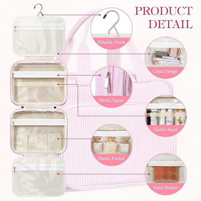 Huhumy Hanging Toiletry Bag for Women with Detachable Pouch, Travel Toiletry Bag, Travel Size Toiletries, Cosmetic Bags, Seersucker Makeup Bags Gifts for Her Mom Girlfriend Wife Teacher(Pink)