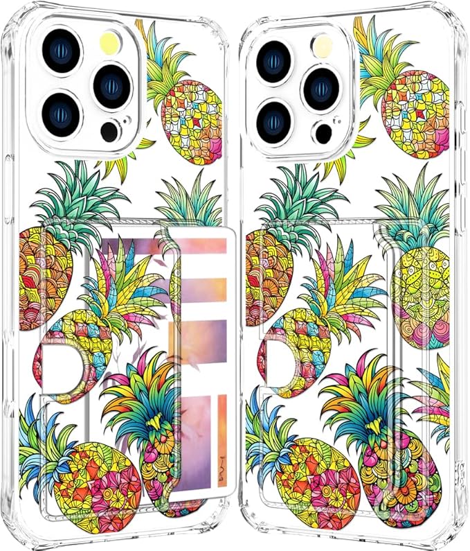 Compatible with iPhone 16 Pro Case Card Holder for Women Cute Design,Wallet Phone Cases Transparent Cool Kawaii Protective (Clear Pineapple Fruit Tropical)