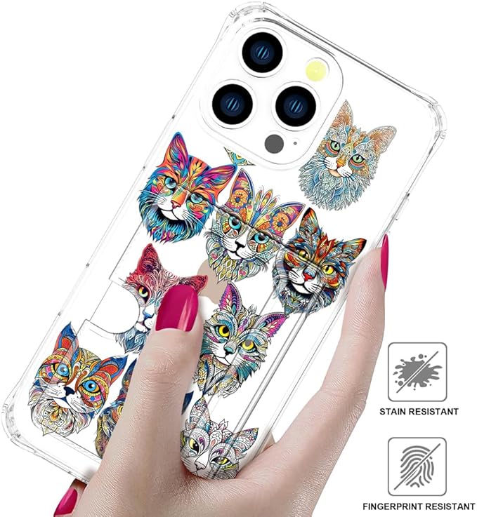 Compatible with iPhone 16 Pro Case Card Holder for Women Cute Design,Wallet Phone Cases Transparent Cool Kawaii Protective (Clear Tattoo Cats Animal)