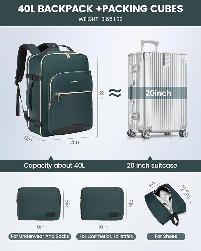 LOVEVOOK Travel Backpack for Women & Men 40L,Airline Approved Carry On Backpack Travel Essentials,TSA Carry on Luggage,Waterproof Personal Item Travel Bag,Suitcase with 3 Packing Cube,Dark green-Black