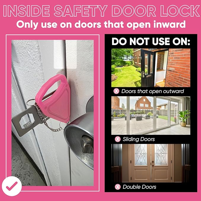Portable Door Lock Extra Security Essential Safety & Privacy Travel Lockdown, Prevent Entry Stopper, Protect Family While Traveling Home Bedroom Hotel Apartment College (1 Pink)
