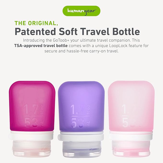 humangear GoToob+ Bottles - Silicone Leak-Proof Travel Tubes for Toiletries, Camping & TSA Carry-On (3-Pack), Small (1.7 fl oz; 53ml), Rose/Lilac/Magenta