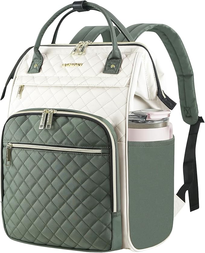EMPSIGN 17 Inch Laptop Backpack for Women, Work Business Travel Computer College Bags, Large Capacity Water-repellent Quilted Casual Daypack, Beige-Army Green