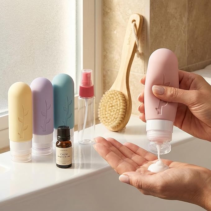 DEPOZA Travel Bottles Kit (16 Pack) - TSA Approved, Leak Proof Silicone Squeezable Containers for Toiletries. Complete Set with Jars, Sprayers & Bag (Light Purple)