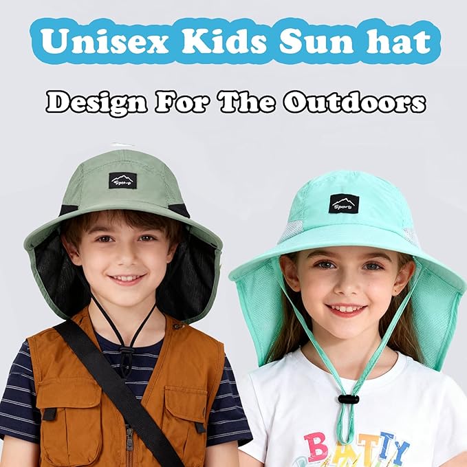 Outdoor Kids Sun Hat with Neck Flap UPF 50+ Quick Dry Beach Hats for Baby Boys Girls Age 2-12 Years Adjustable