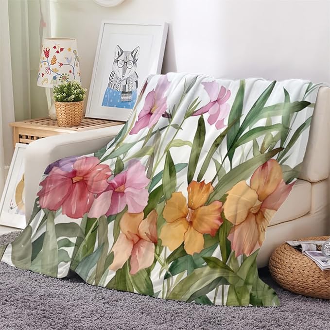 Tropical Hawaiian Blanket Queen Size, Watercolor Fleece Blanket for Couch Bed Sofa, Hibiscus Flower Blankets and Throws, Plumeria Petals Super Soft Cozy Plush Flannel Blanket 90x90, Decor & Gift