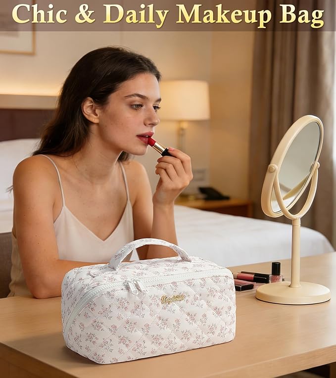 Travel Makeup Bag, 3 Pcs Large Capacity Puffy Toiletry Bag for Women, Open Flat Quilted Make up Cosmetic Organizer w/Handle & Clear Divider Water-resistant Portable Pouch Travel Essentials, L-Cherry