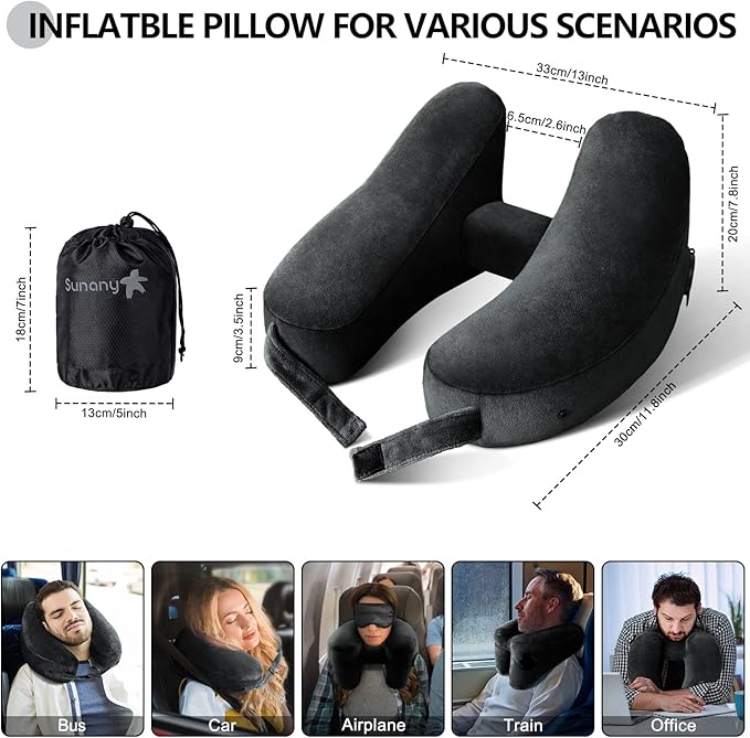 Sunany Travel Neck Pillow for Airplane Pillow Comfortably Supports Head, Neck and Chin, Inflatable Travel Pillow with Soft Velour Cover and Portable Drawstring Bag (Black) (Black, H)