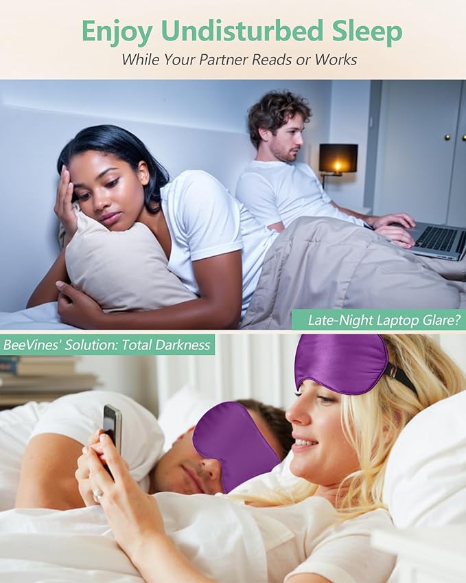 BeeVines Sleep Mask, 4 Packs 100% Real Natural Pure Silk Eye Masks with Adjustable Strap for Sleeping, Mulberry Silk Eye Sleep Shade Cover, Block Light Reduces Puffy Eyes Traveling Gifts(Purple)