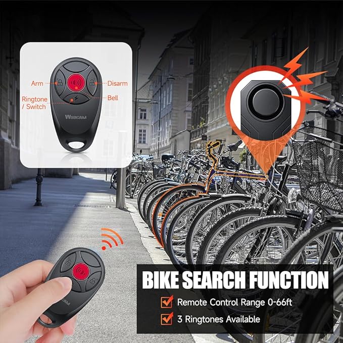 WSDCAM Upgraded Bike Alarm with Remote - 113dB Loud Anti-Theft Security Alarm, 197ft Remote Range, IP65 Waterproof, USB-C Rechargeable, Bike Horn & Locator for E-Bikes, Bicycles, Scooters, Motorcycles