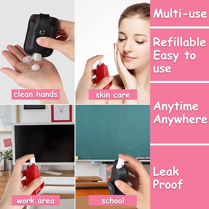2 PCS Hand Sanitizer Keychains, Premium Leather Hand Sanitizer Holders, Travel Size Cases, Spray or Squeeze, Refillable, Red, Black, Empty