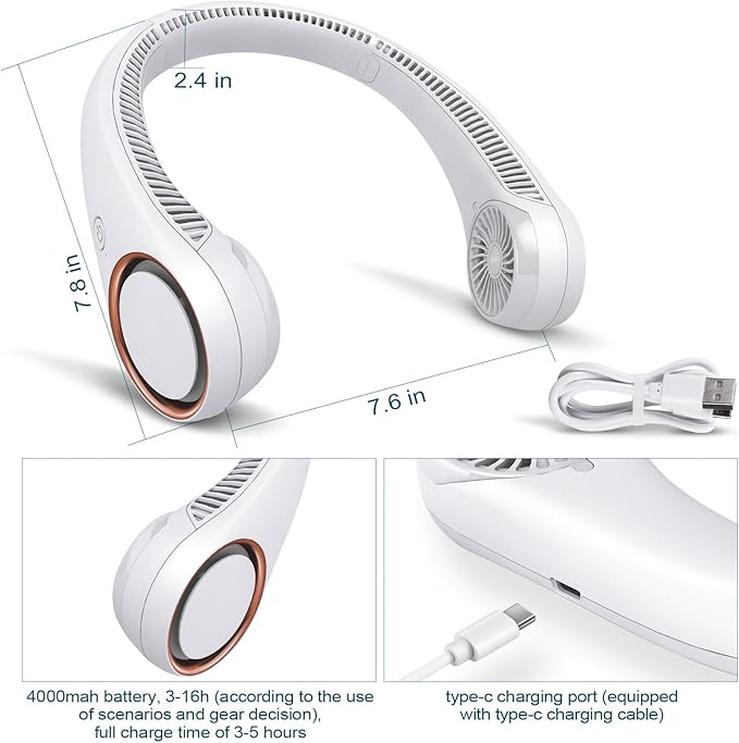 CIVPOWER Neck Fan: Portable Personal Neck Cooling Rechargeable Bladeless Fan - Hands Free 3 Speed 4000 mAh Battery USB Operated Wearable Headphone Design - Gift for Men Women Outdoor (White)