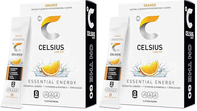 CELSIUS On-the-Go Powder Stick Zero Sugar,Orange,5.20 Oz,(Pack of 28)