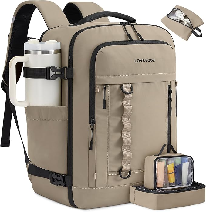 LOVEVOOK 40L Travel Backpack for Men Women, Waterproof Carry On Backpack for Work & Travel, Flight Approved Personal Item with 3 Packing Cubes, TSA Bag Fits 17.3" Laptop,Khaki