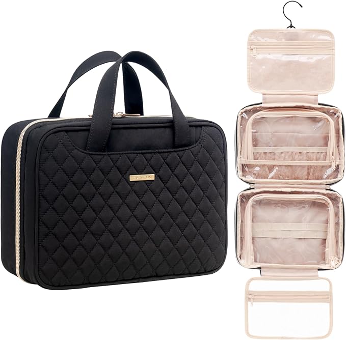 Everfun Hanging Toiletry Bag for Travel, 11x7.75x4.5 inch Medium Capacity Cosmetic Organizer with Leakproof Wet/Dry Compartment, Waterproof Dopp Kit Toiletries Bag for Women Black