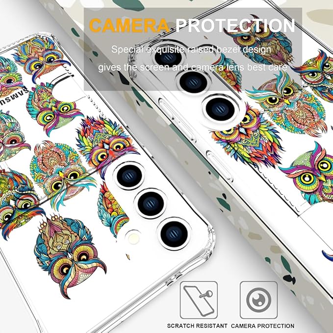 Compatible with Samsung Galaxy S24+ Plus / S25+ Plus Case Card Holder for Women Cute Design,Wallet Phone Cases Transparent Cool Kawaii Protective (Clear Colorful Owls Cartoon)