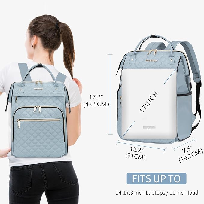 EMPSIGN 17 Inch Laptop Backpack for Women, Work Business Travel Computer College Bags, Large Capacity Water-repellent Quilted Casual Daypack, Light Blue
