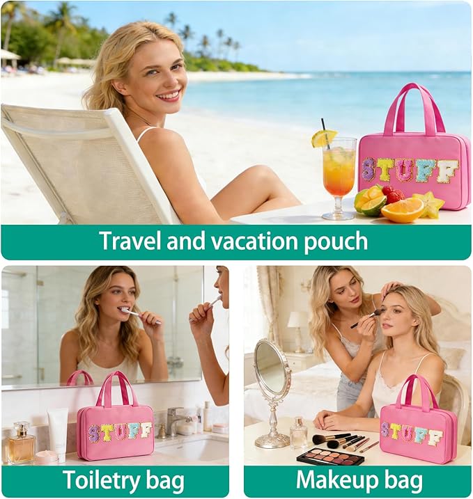 Toiletry Bag with Hanging Hook Chenille Letter Cosmetic Bag Spacious Travel Bag Water-resistant Makeup Bag for Store Toiletries Cosmetic Accessories and Sets for Women Rose Red