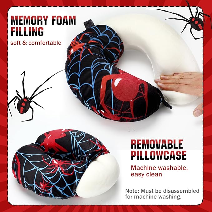 Gilprop 2 Pcs Spiderweb Travel Pillow with Sleep Eye Mask, U Shaped Memory Foam Headrest & Neck Pillow with Washable Cover, Soft Neck Head Support Travel Accessories for Airplane Car Train Bus Trips